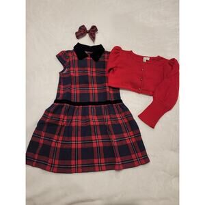 Janie & Jack Navy/Red Plaid Dress w/ Red Crop Cardigan and Hairbow Sz 5